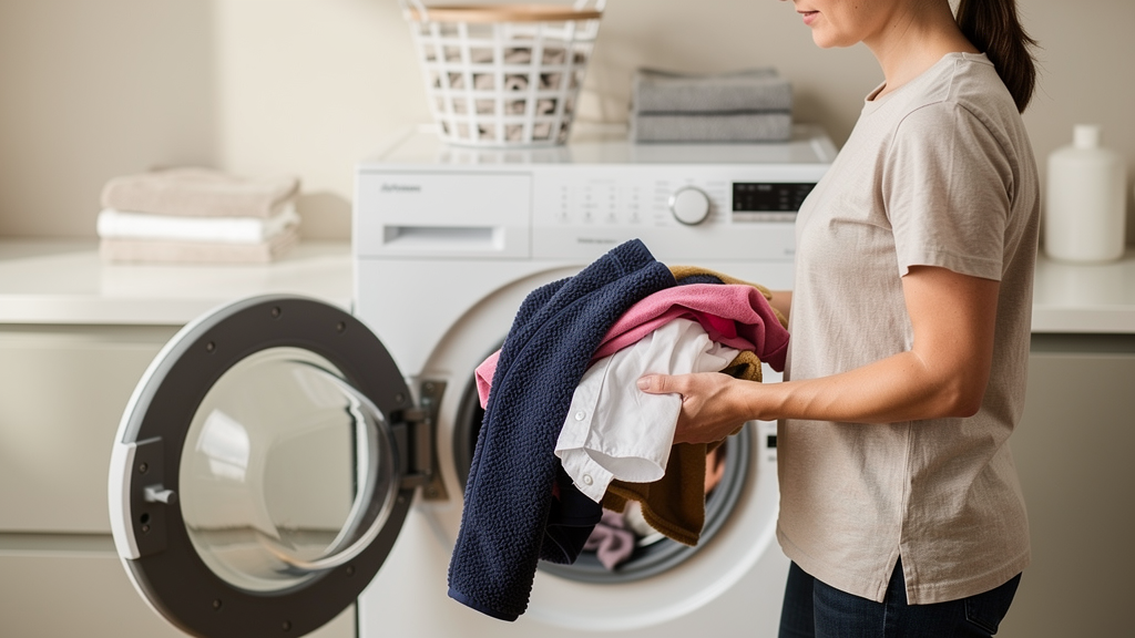Person loading mixed clothing into a front-loading washing machine at home