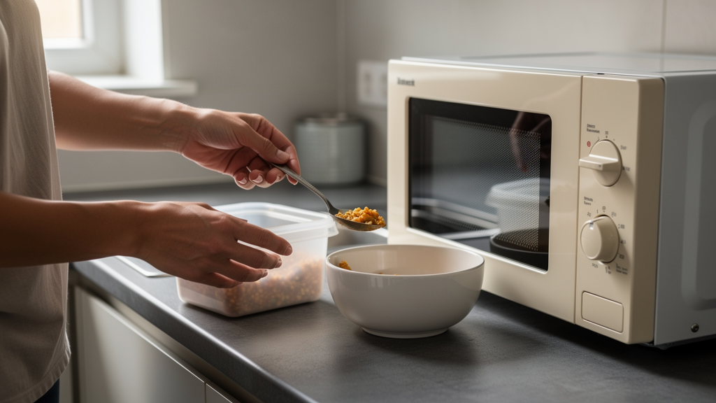 Food being transferred from a plastic storage tub into a ceramic dish beside a microwave