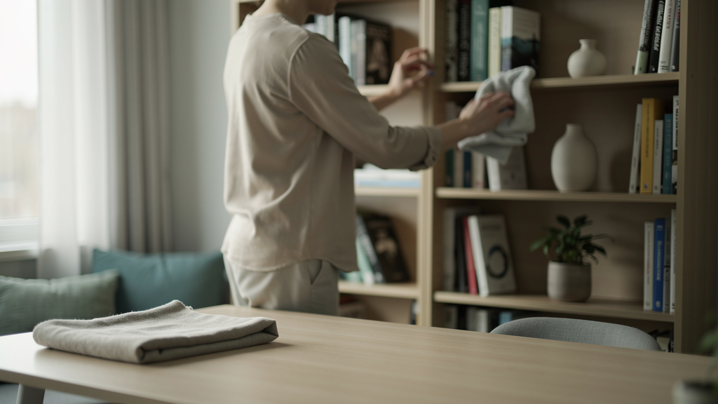 Person wiping a bookshelf with a cloth in a softly lit living room