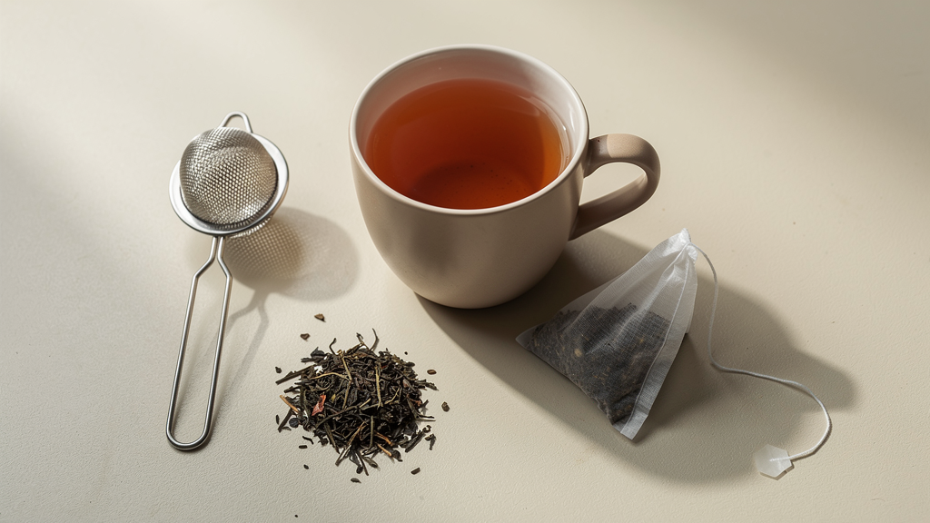 Cup of tea beside a mesh pyramid tea bag, loose tea leaves and a metal infuser