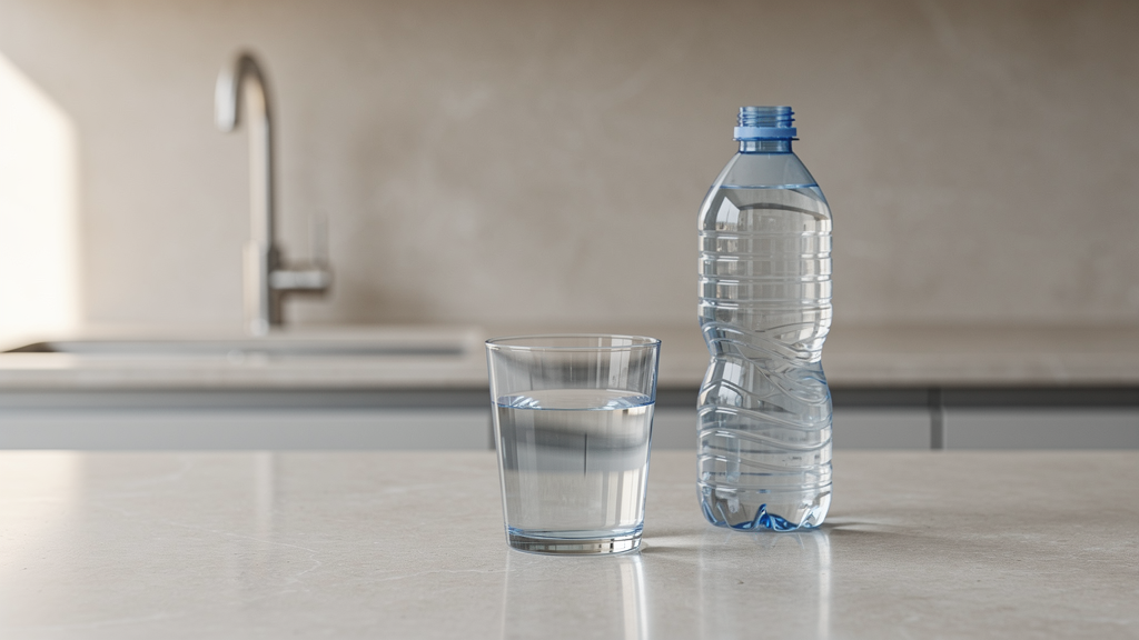 Glass of water beside an unlabelled plastic bottle, with a kitchen tap in the background